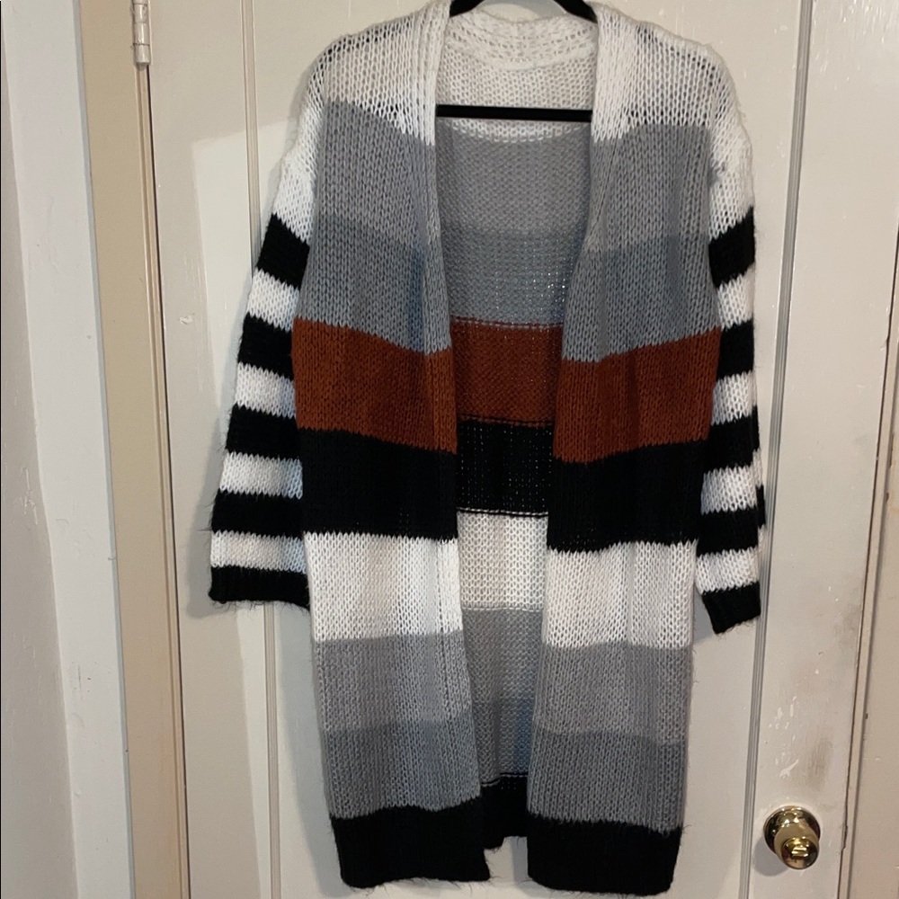 Chic Striped Cardigan in Black, White, Gray, and Brown
